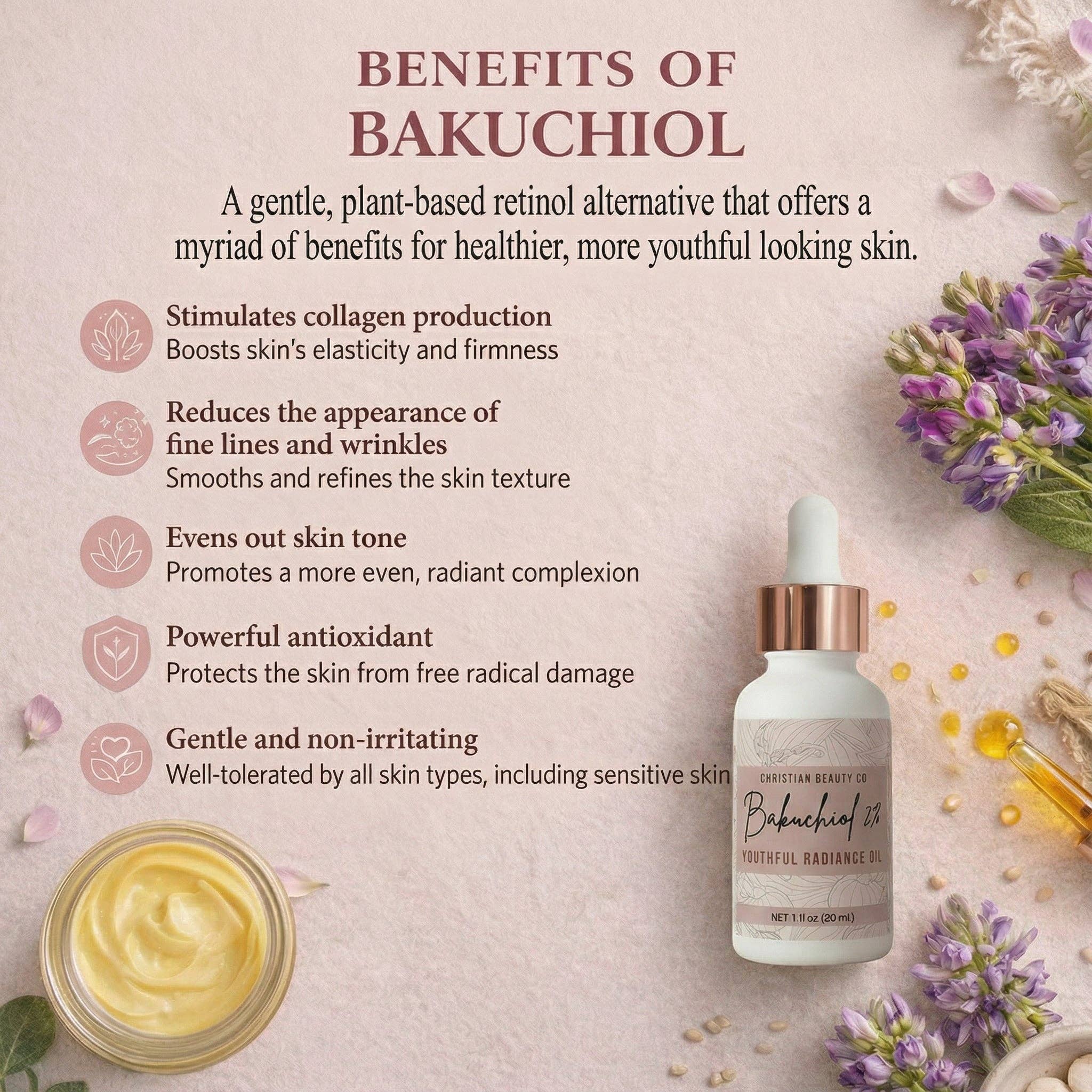 Benefits of Bakuchiol 2% Radiance Cream including smoother skin, improved texture, and hydration