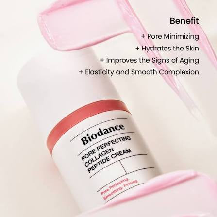 Biodance Pore Perfecting Collagen Peptide Cream with key benefits on a light pink background