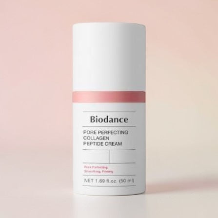 Biodance Pore Perfecting Collagen Peptide Cream container on a pink background