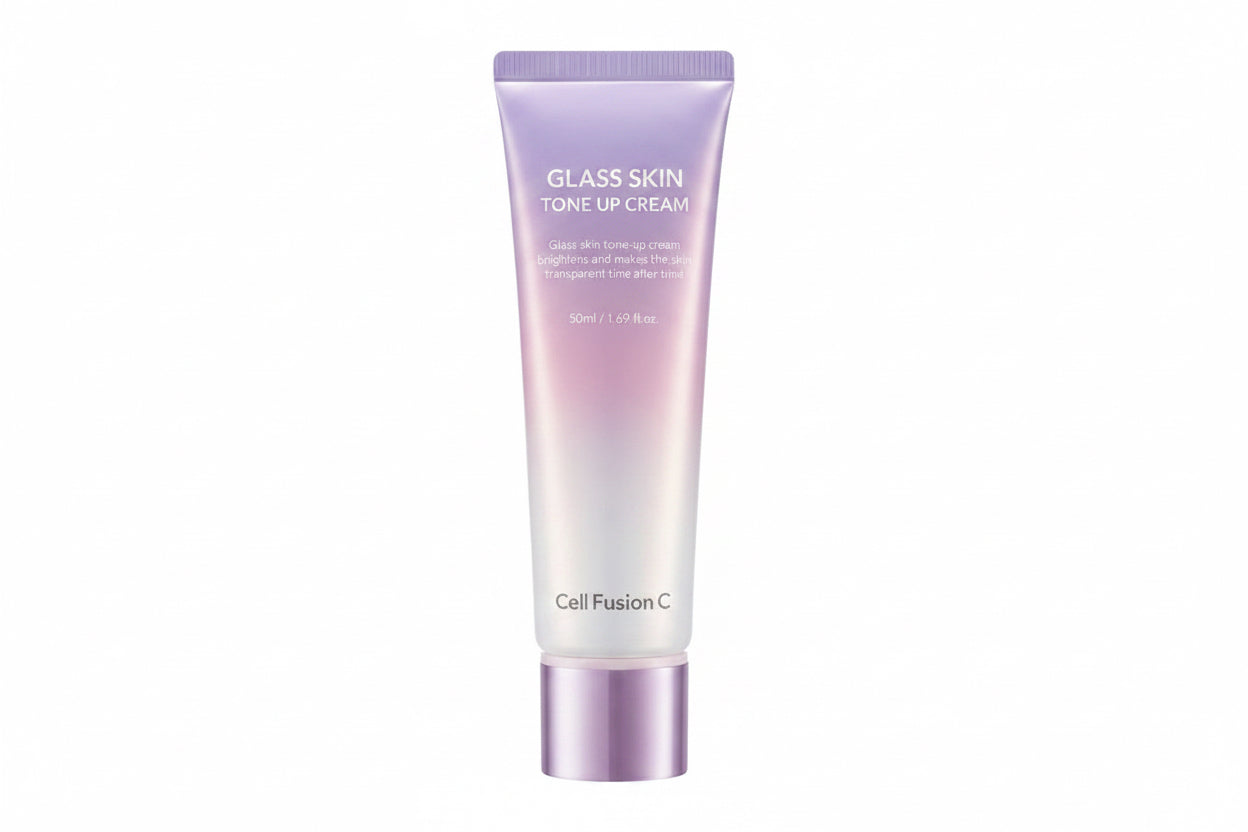 Cell Fusion C Glass skin tone up cream in a light purple tube on a white background