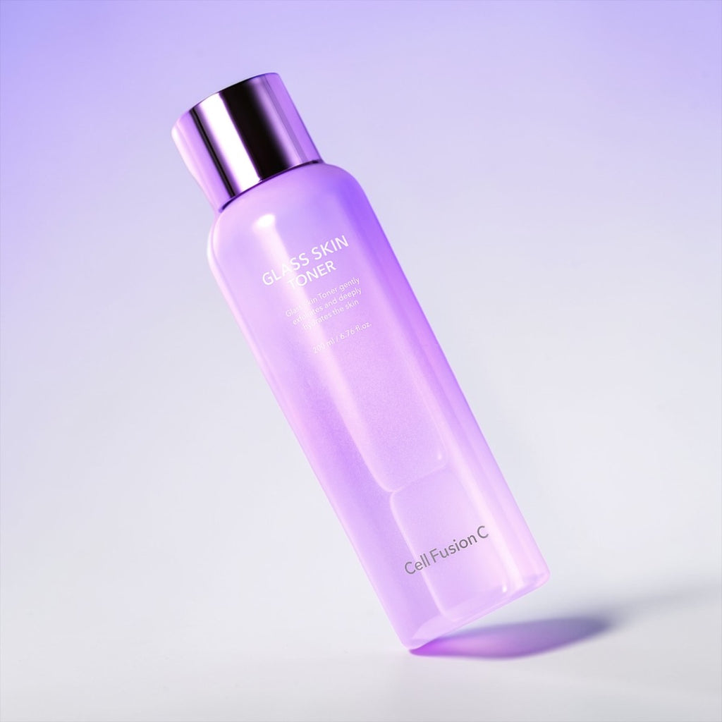 Cell Fusion C purple glass skin toner bottle with silver cap on a light purple background