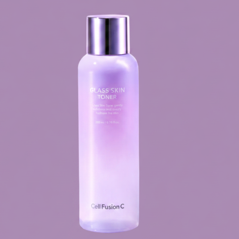 Cell Fusion C glass skin  toner in a purple bottle on a light purple background