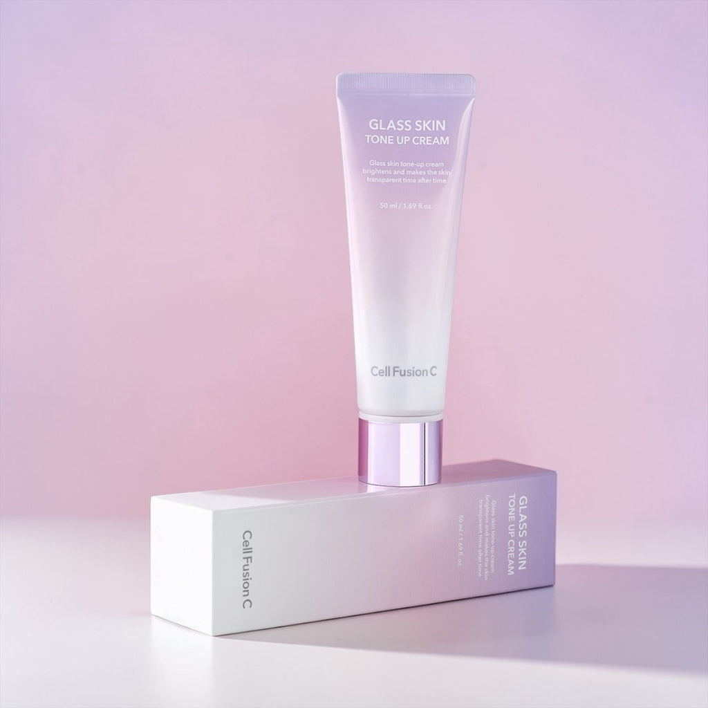 Cell Fusion C Tube of Glass Skin Tone Up Cream with packaging on a gradient pink background