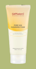 Tube of Cell Fusion C Pore Sun Cleansing Foam on a yellow-green background