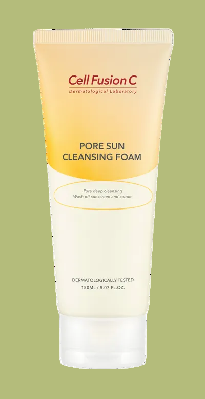 Tube of Cell Fusion C Pore Sun Cleansing Foam on a yellow-green background