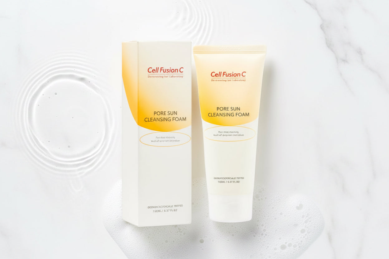 CellFusion C Pore Sun Cleansing Foam in a tube and a box on a light background