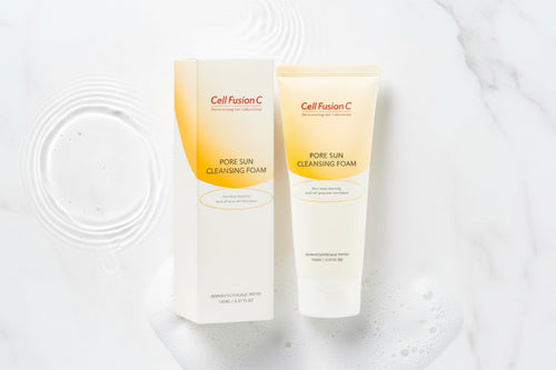 CellFusion C Pore Sun Cleansing Foam in a tube and a box on a light background