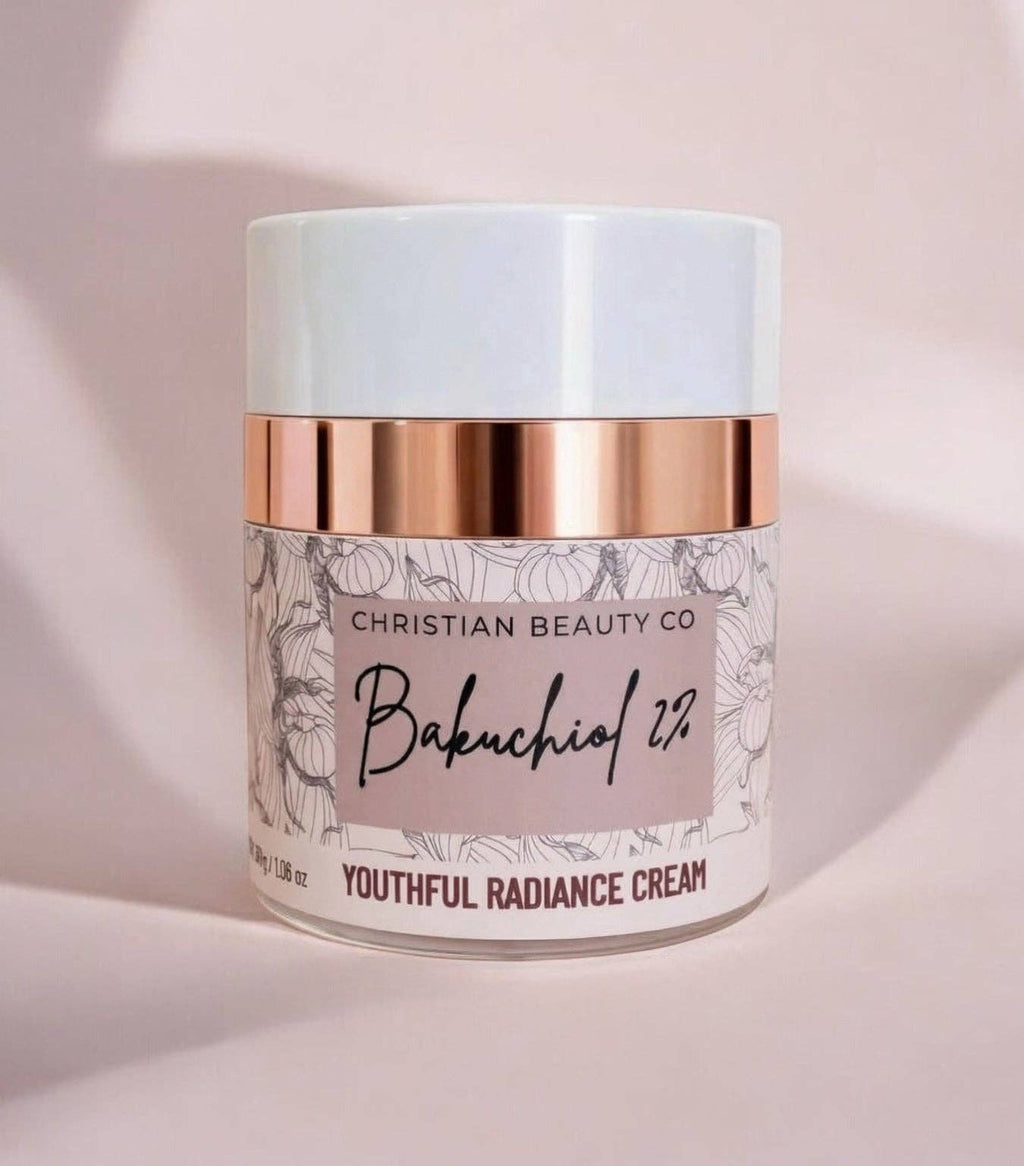 Christian Beauty Co Bakuchiol 2% Radiance Cream moisturizer in jar on soft pink background