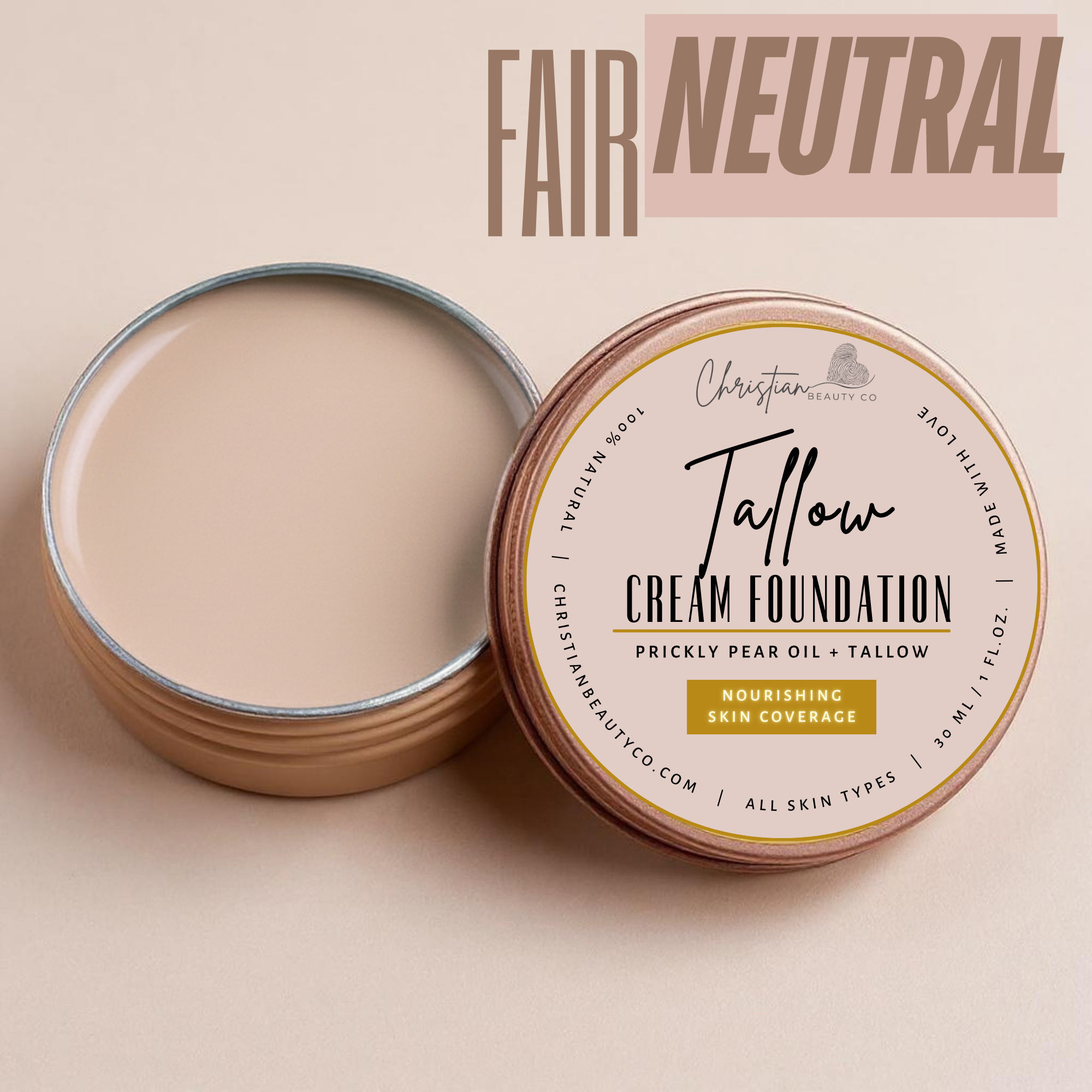 Tallow cream foundation in a tin with 'Christian Beauty Co' branding on a beige background.