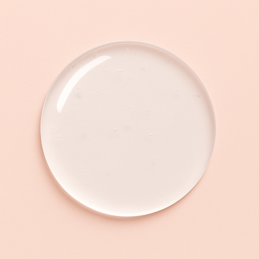 Toning essence cream texture swatch on light pink background.