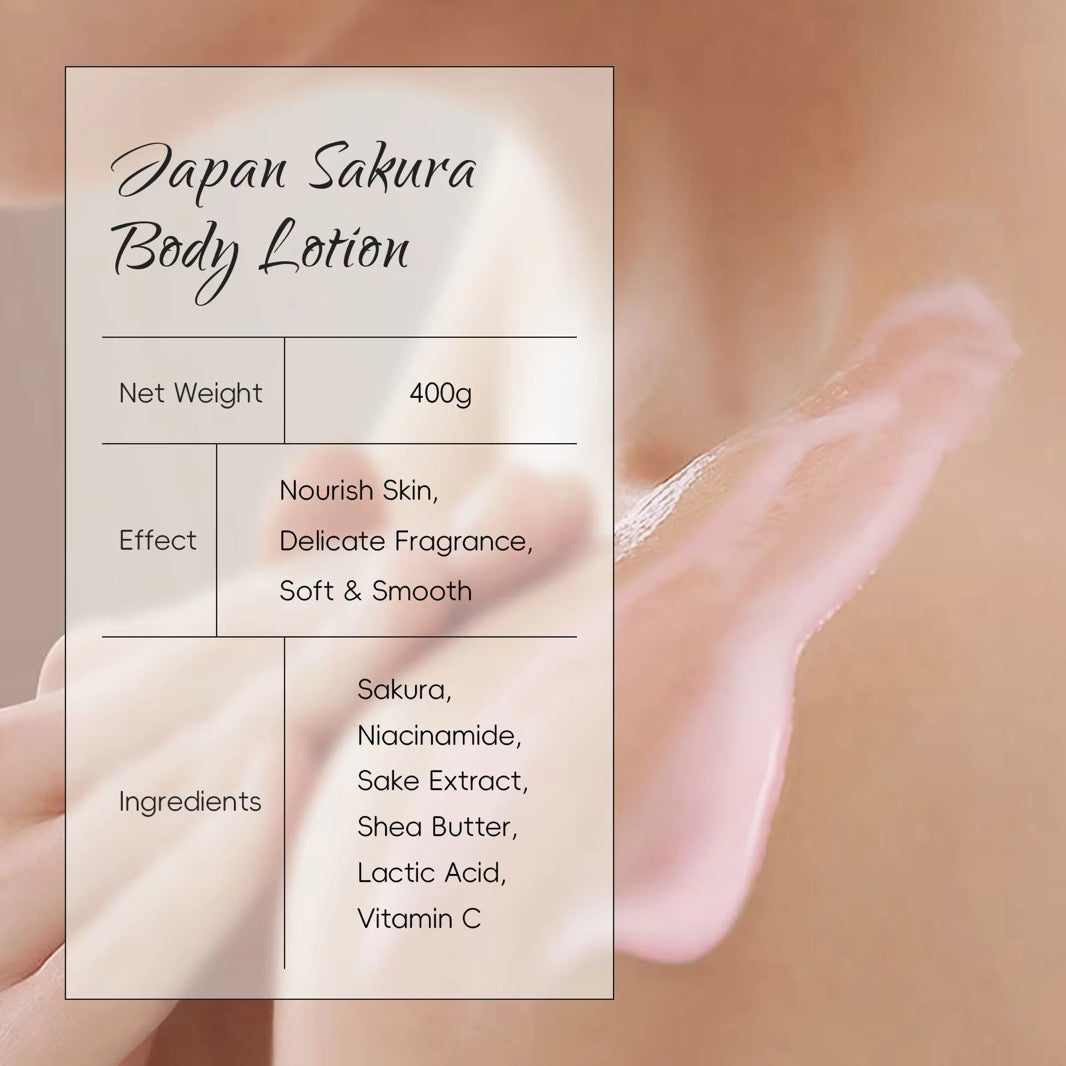 Japan Sakura Body Lotion packaging with product details and ingredients.
