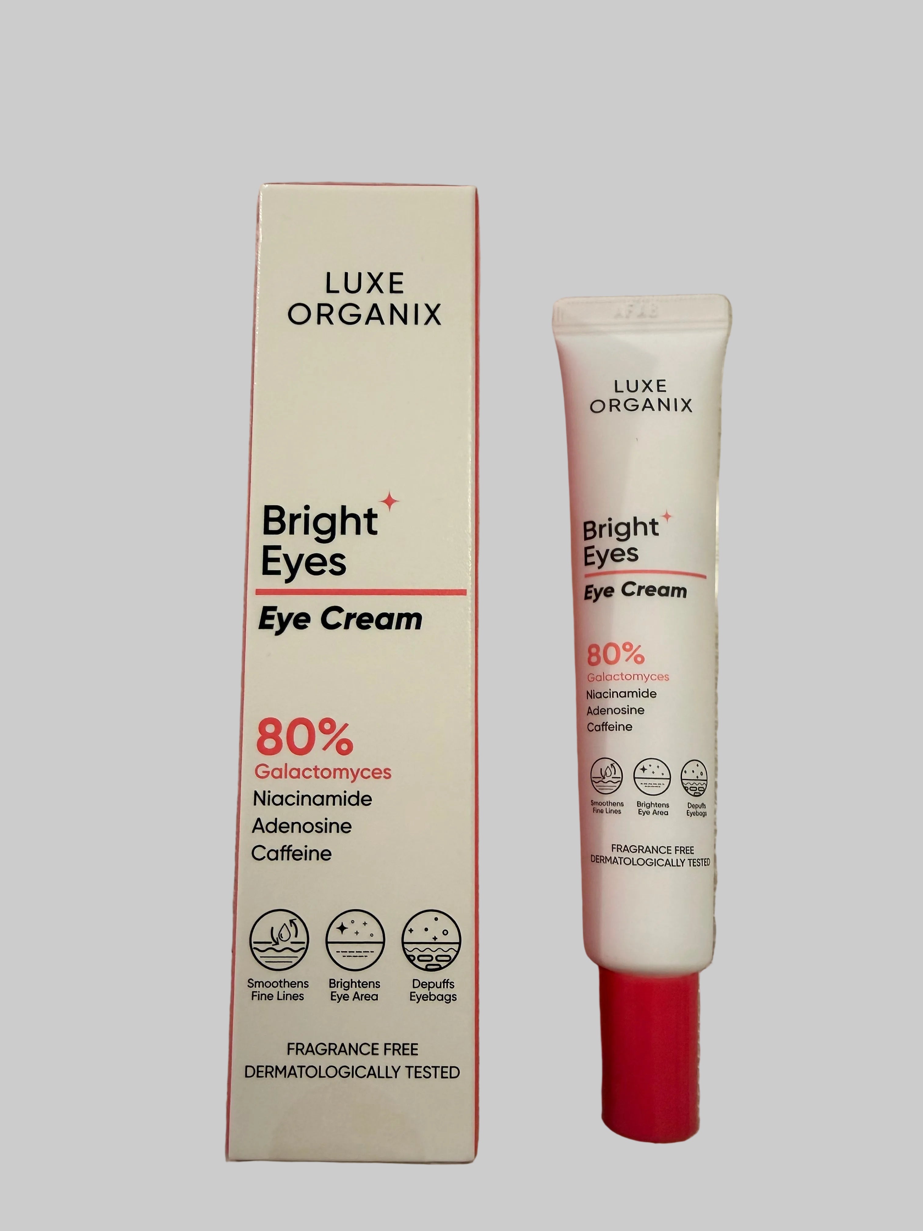 Luxe Organix Bright Eyes Eye Cream with box and tube packaging on white background.