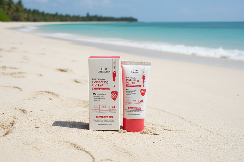 Luxe Organix Perfecting UV Tint Serum Sunscreen on sandy beach with ocean background