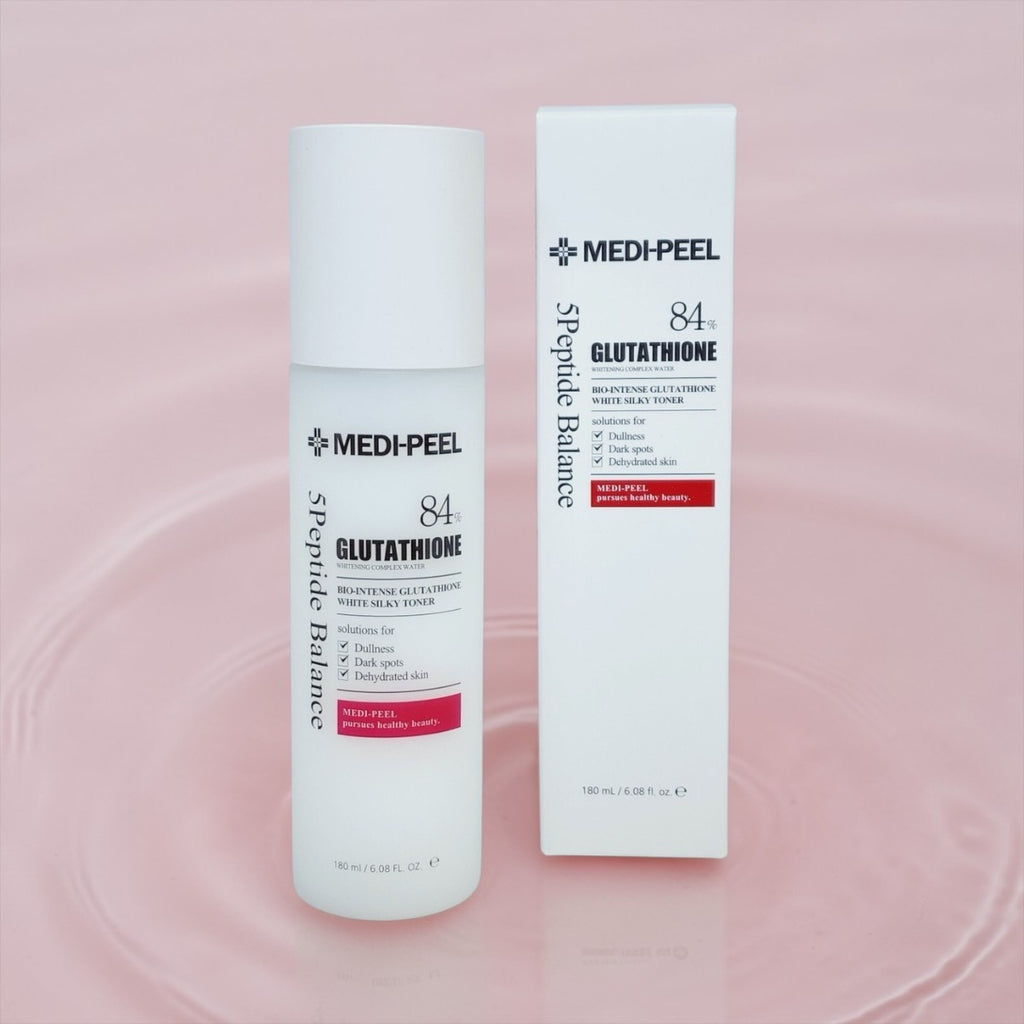 MEDI-PEEL 84 Glutathione skincare product and packaging on a pink background