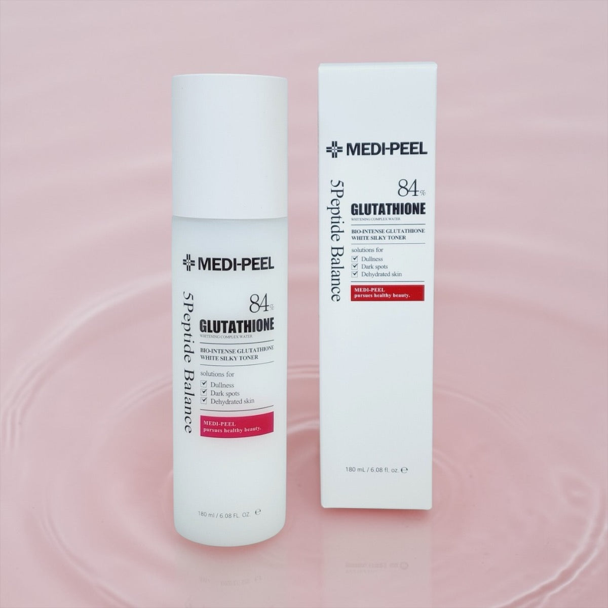 MEDI-PEEL 84 Glutathione skincare product and packaging on a pink background