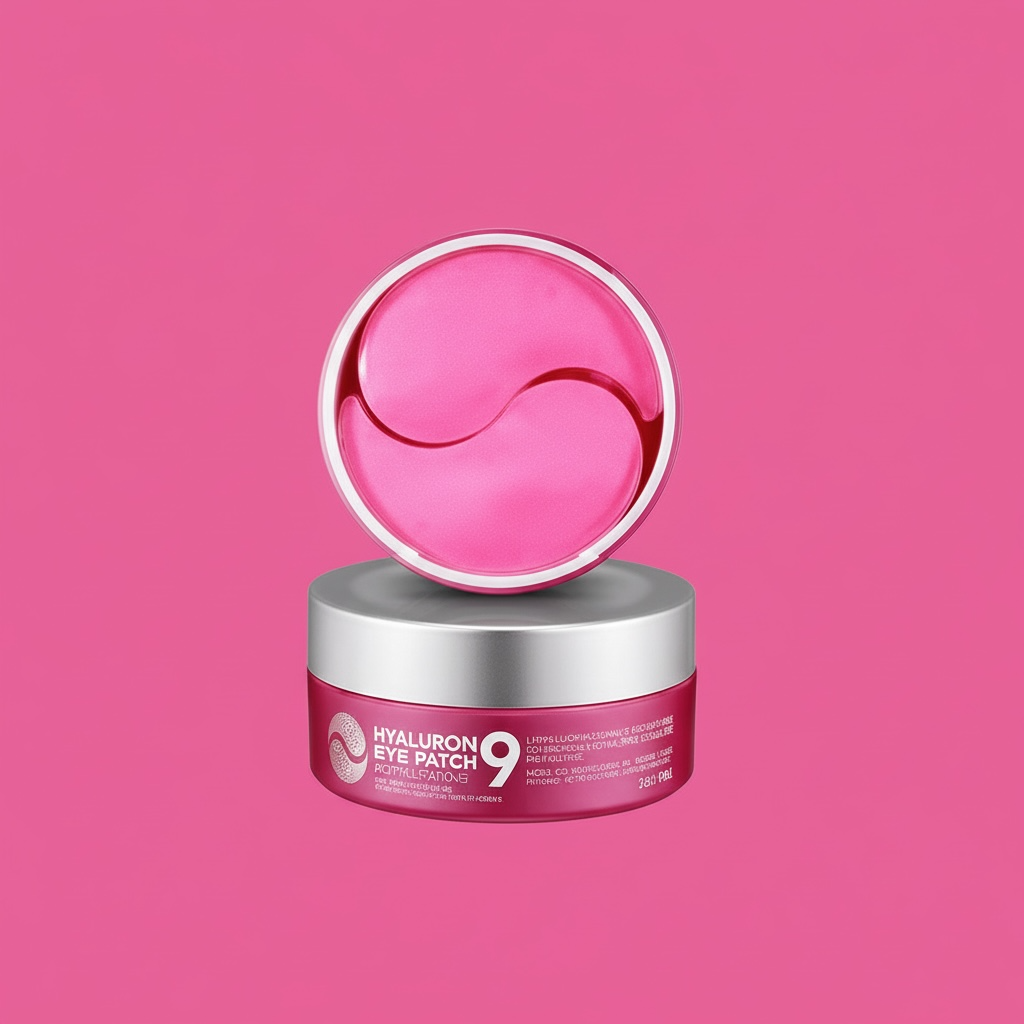 Medipeel hyaluron eye patch in pink jar and silver lid on a pink background