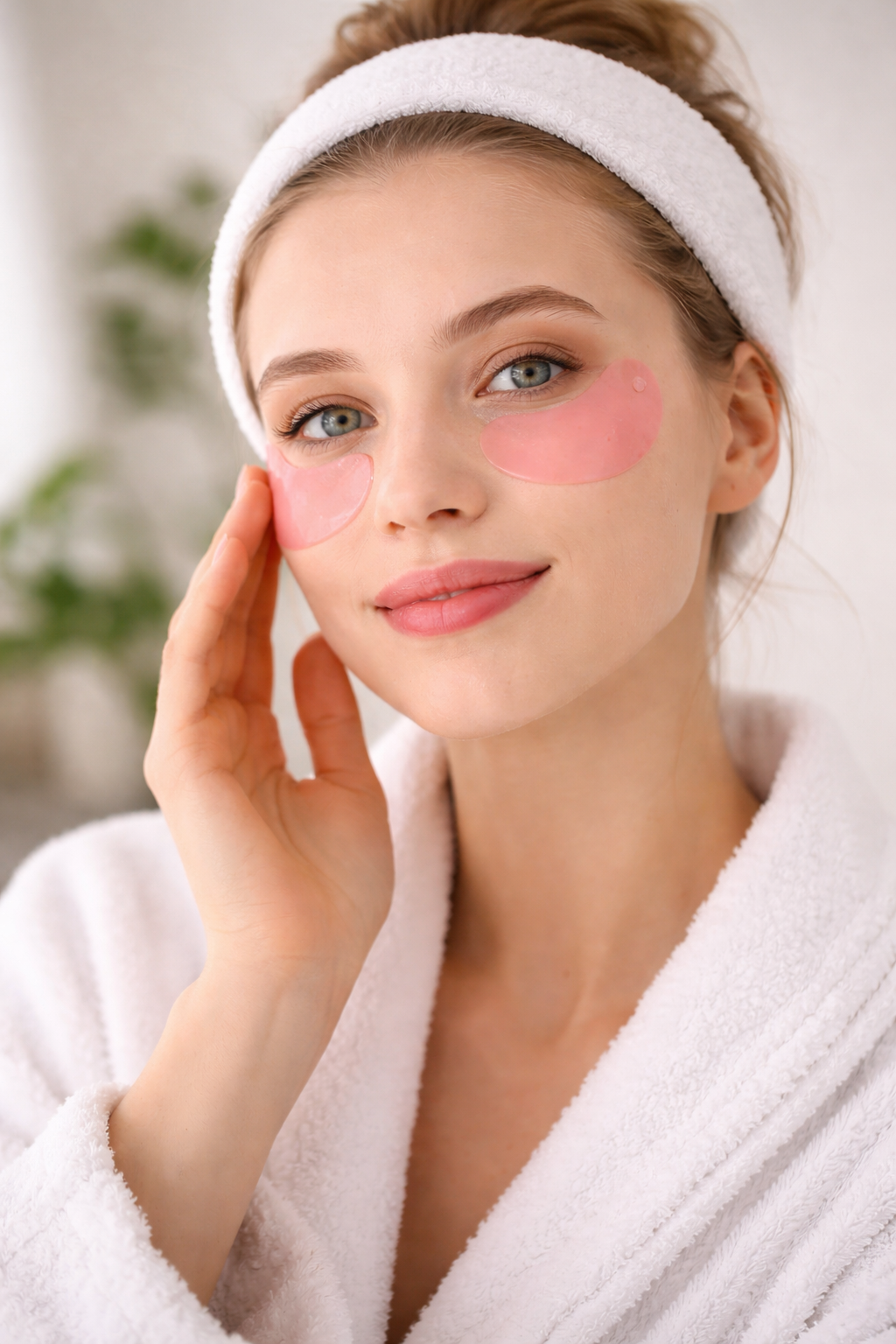 Woman applying Medipeel Hyaluron Rose Peptide eye patches under eyes for hydration and anti-aging.