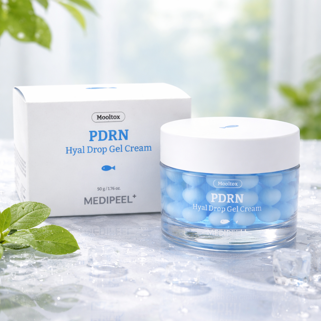 Medi Peel PDRN Hyal Drop Gel Cream jar and box on a light surface with greenery.