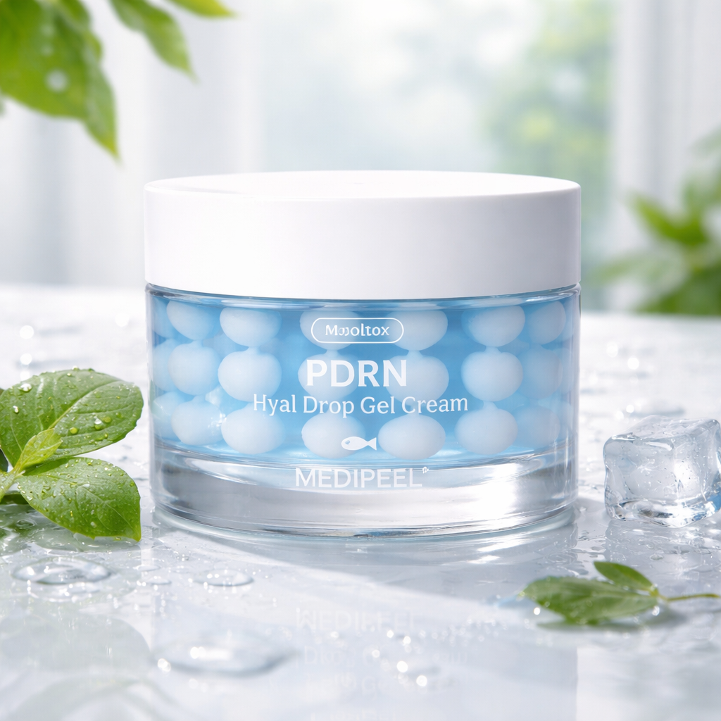 Jar of Medipeel PDRN Hyal Drop Gel Cream with green leaves and ice cubes in the background