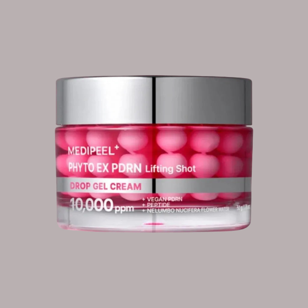 Medipeel Photo Ex PDRN Lifting Shot Gel Cream on a jar with silver lid on a beige background