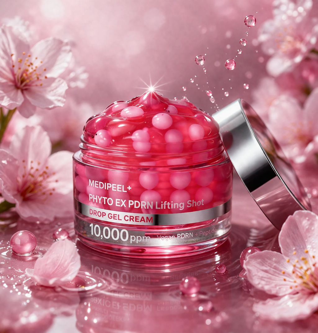Medipeel Phyto Ex PDRN in pink jar with cherry blossoms in the background