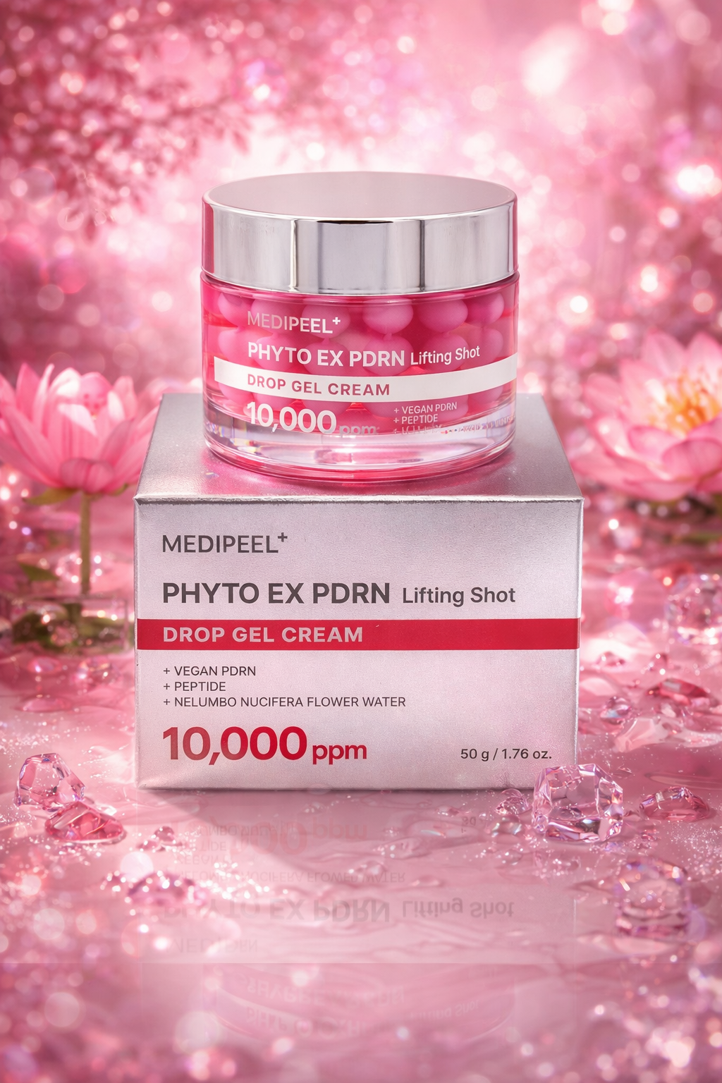MediPeel Phyto EX PDRN Drop Gel Cream with packaging on a pink floral background