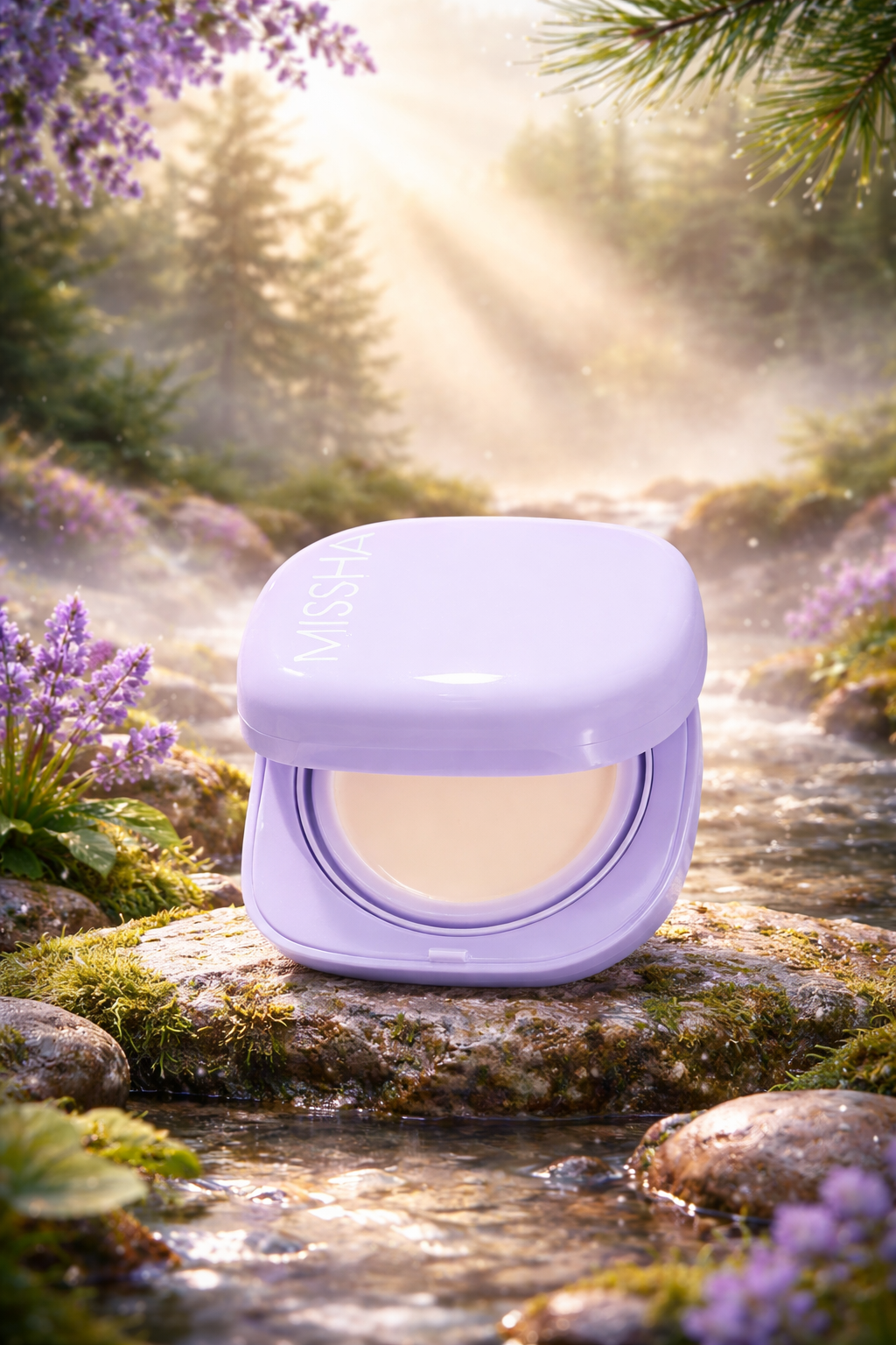 Purple missha  compact serum cushion on a rock with a scenic background of a stream and trees