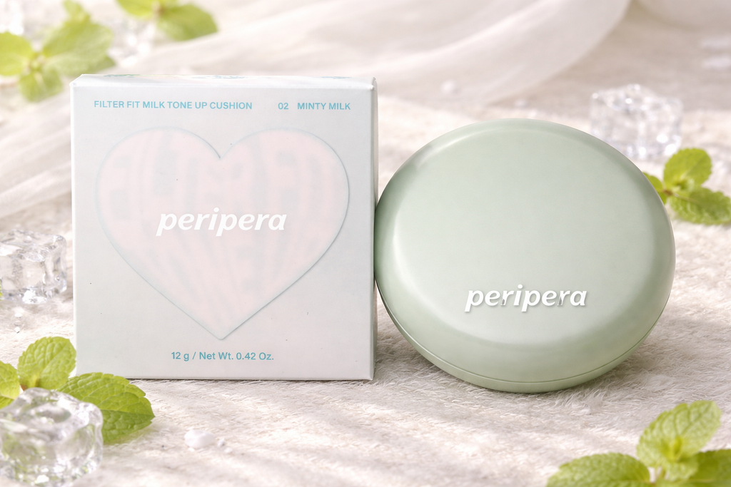 Peripera cushion foundation and packaging on a light background with greenery