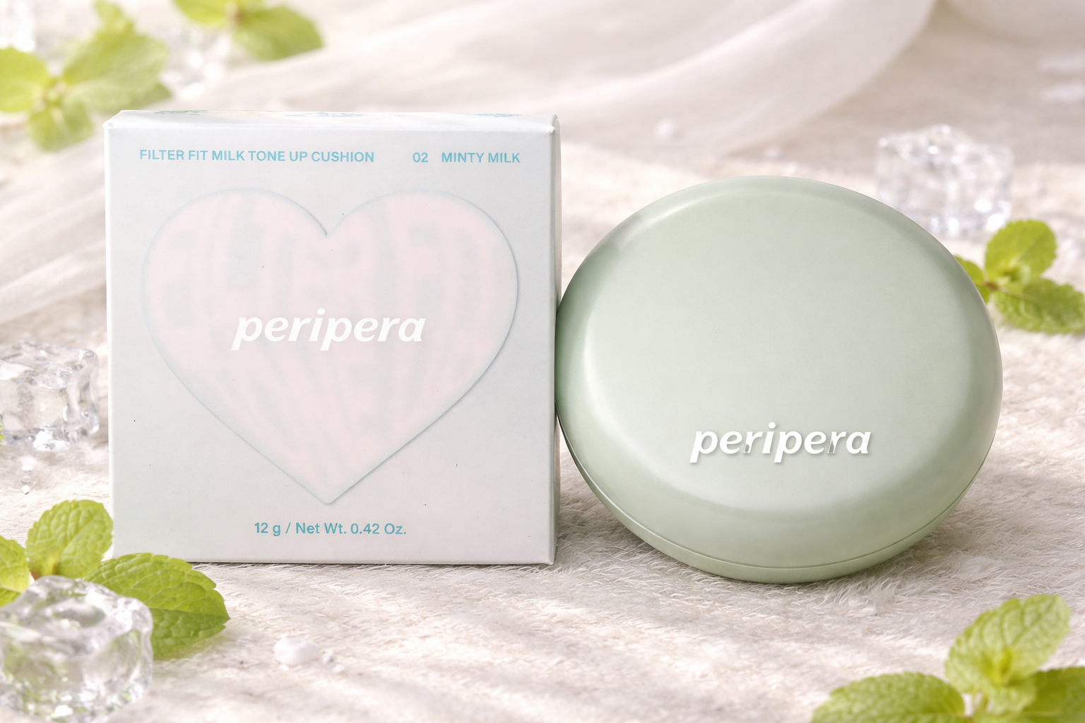 Peripera cushion foundation and packaging on a light background with greenery