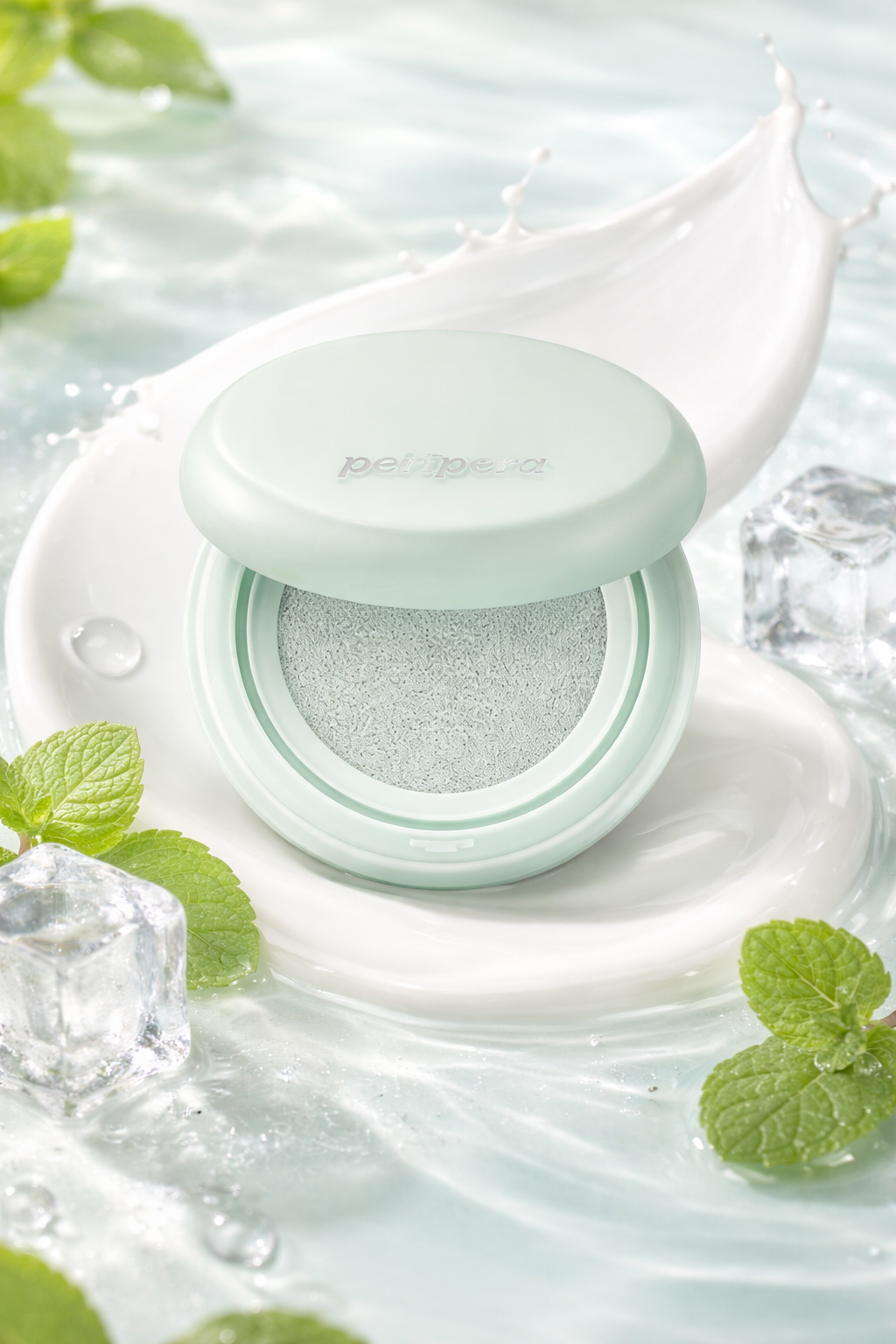 Peripera light green compact powder with a water droplet on a water and ice background