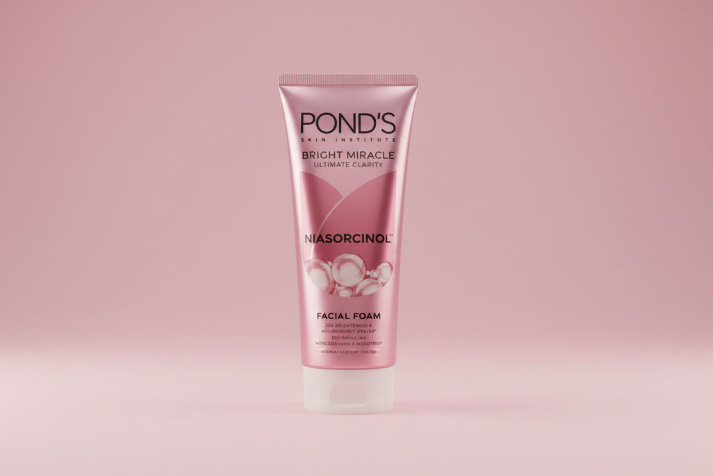 Pond's facial foam tube on a pink background