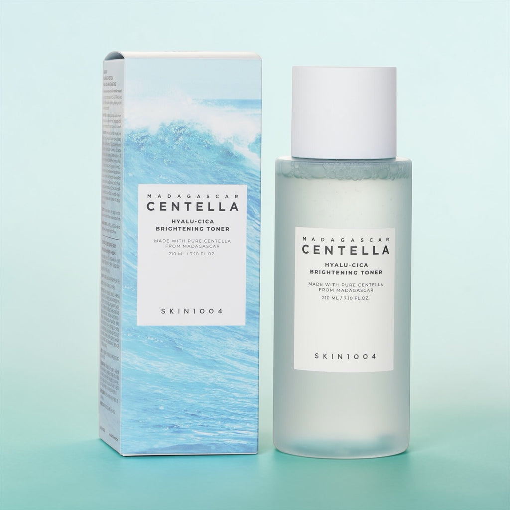 SKIN1004 Madagascar Centella Hyalu-Cica Brightening Toner bottle and packaging on a light blue background