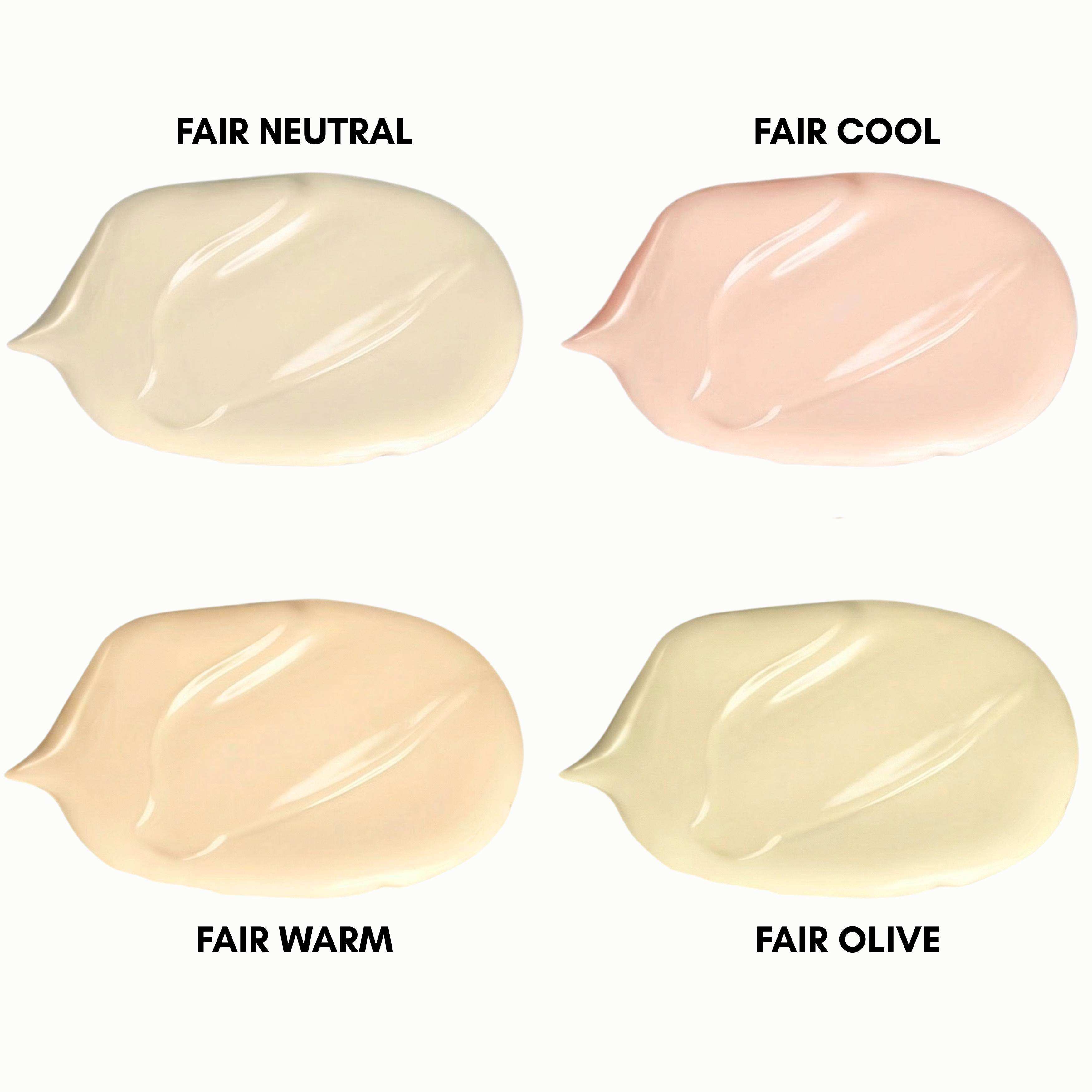 Foundation shade swatches in fair neutral, fair cool, fair warm, and fair olive tones