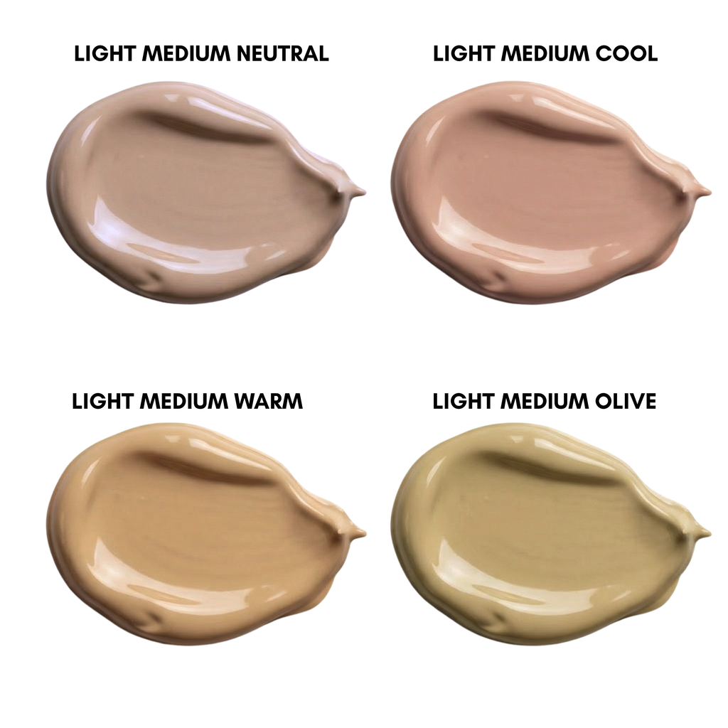Foundation shade swatches in light medium neutral, light medium cool, light medium warm, and light medium olive tones