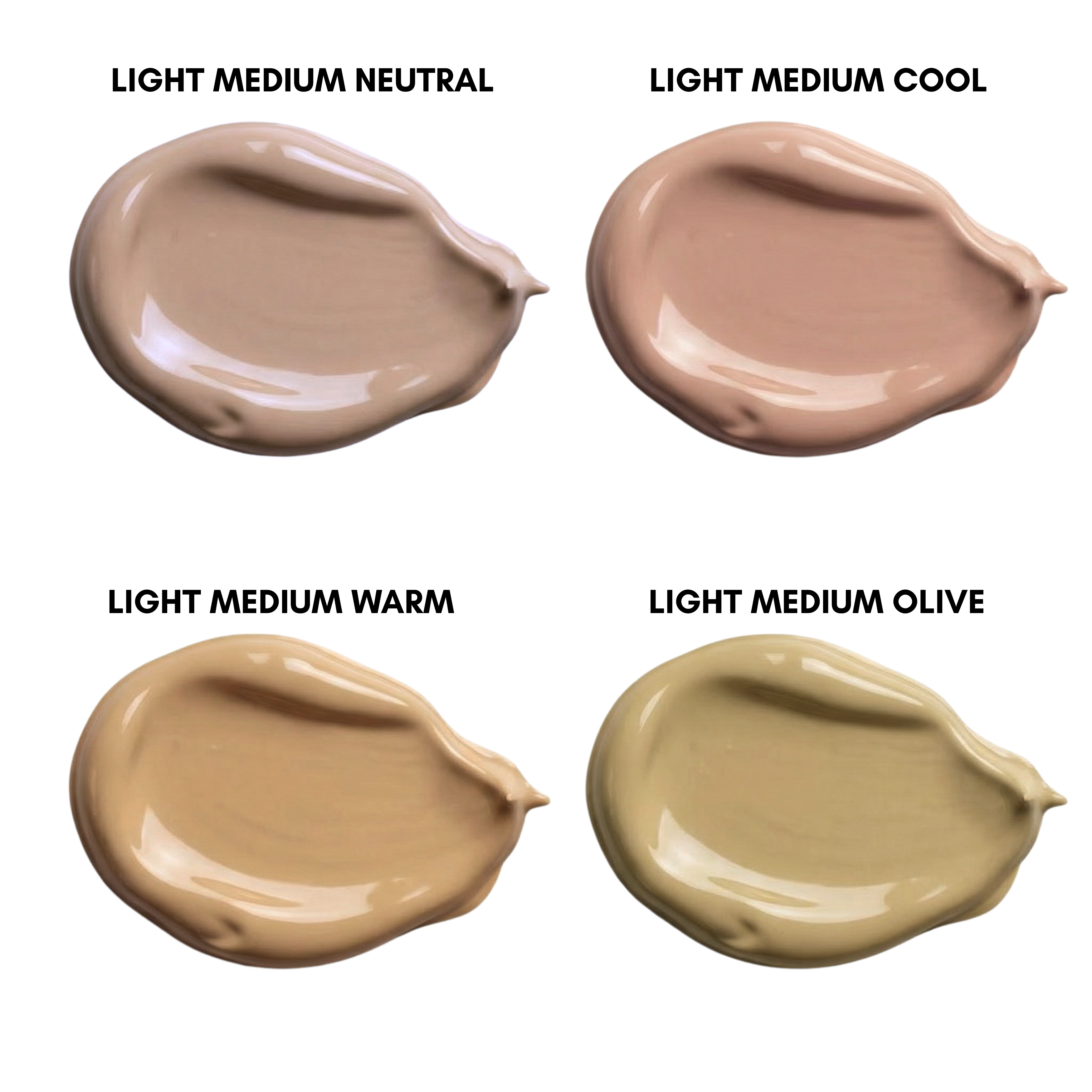 Foundation shade swatches in light medium neutral, light medium cool, light medium warm, and light medium olive tones
