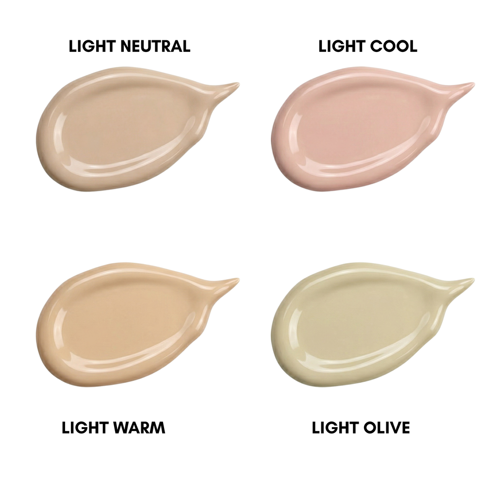 Foundation shade swatches in light neutral, light cool, light warm, and light olive tones