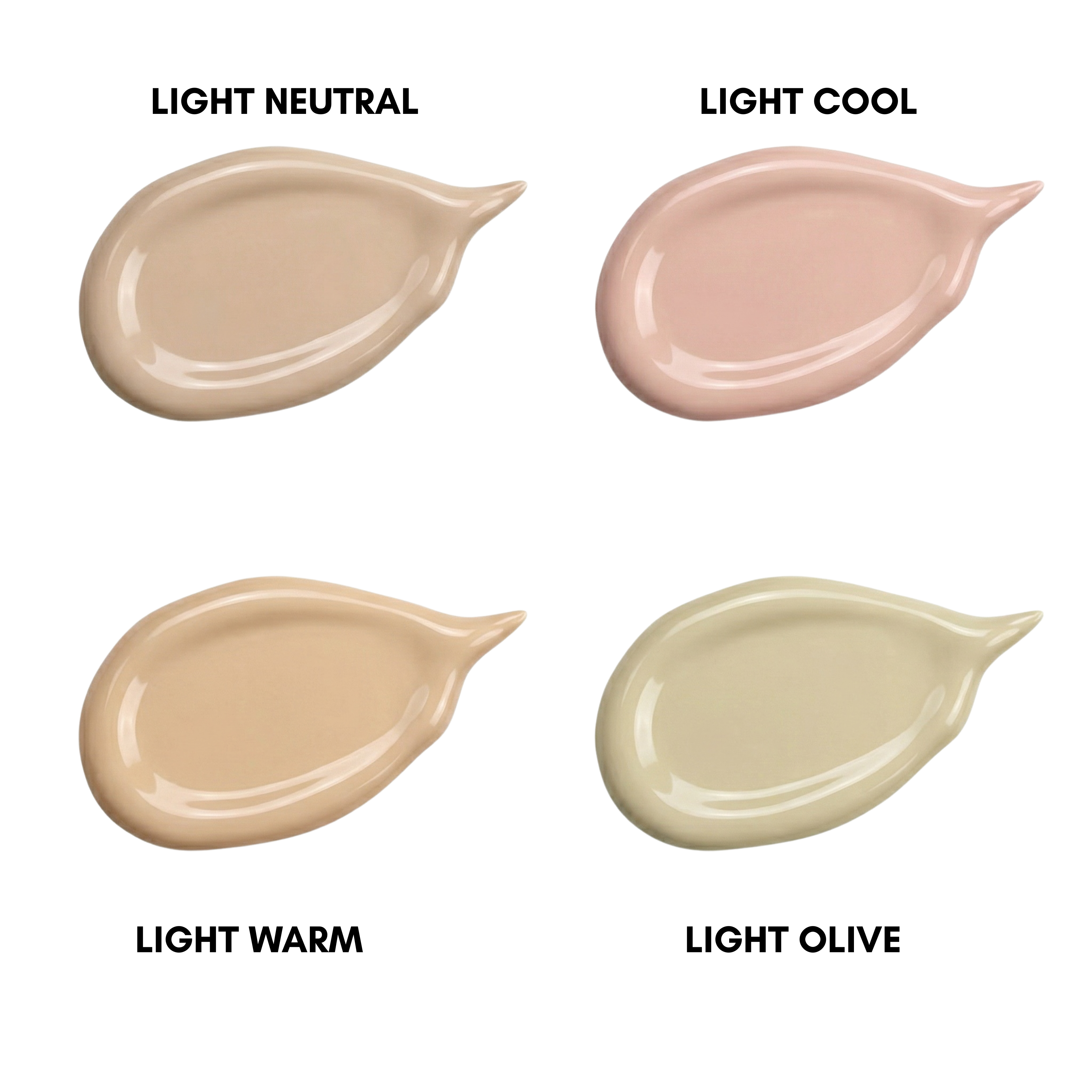 Foundation shade swatches in light neutral, light cool, light warm, and light olive tones