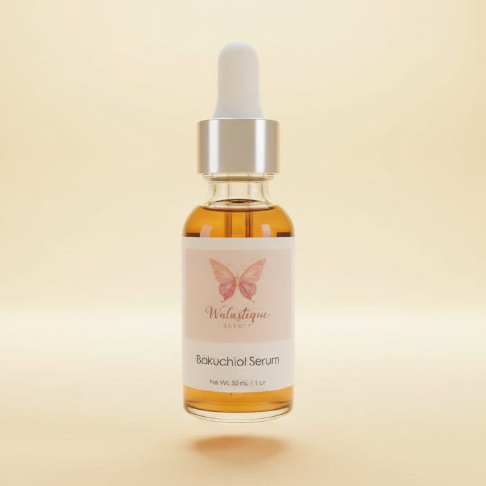 Walastique Beauty bakuchiol serum in clear glass dropper bottle on light yellow background.