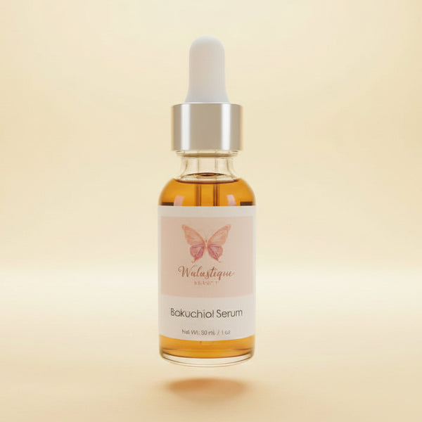 Walastique Beauty bakuchiol serum in clear glass dropper bottle on light yellow background.