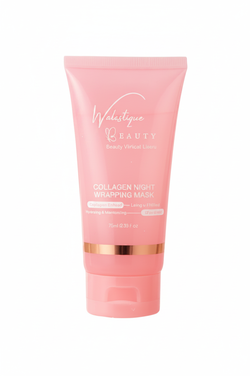 Walastique Beauty Collagen Night Wrapping Mask in pink tube on white background.