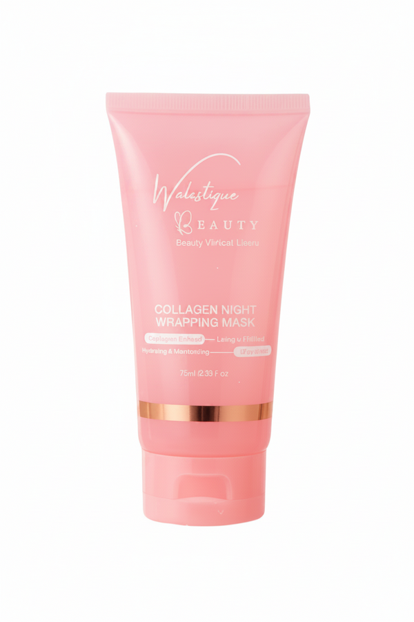 Walastique Beauty Collagen Night Wrapping Mask in pink tube on white background.