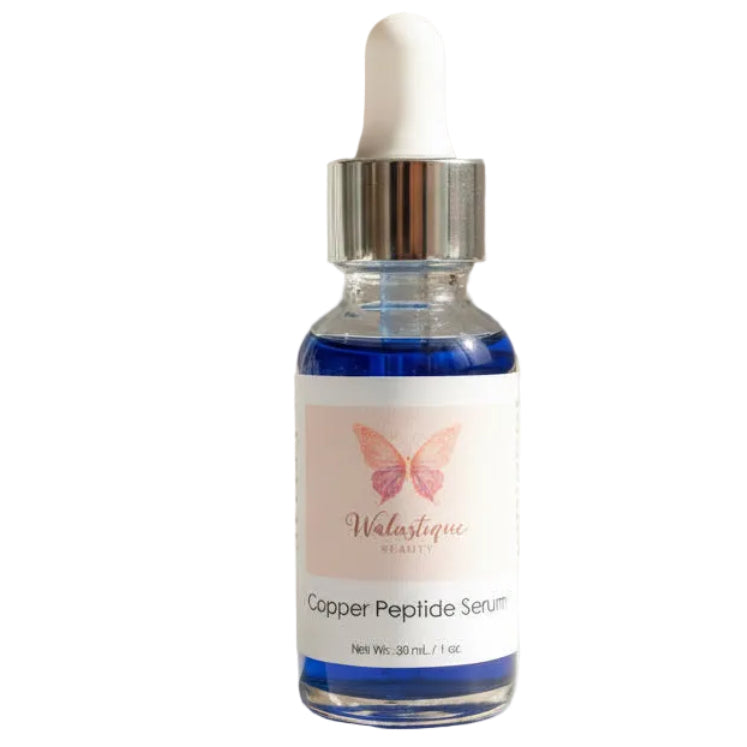 Walastique Beauty copper peptide serum in glass dropper bottle on white background