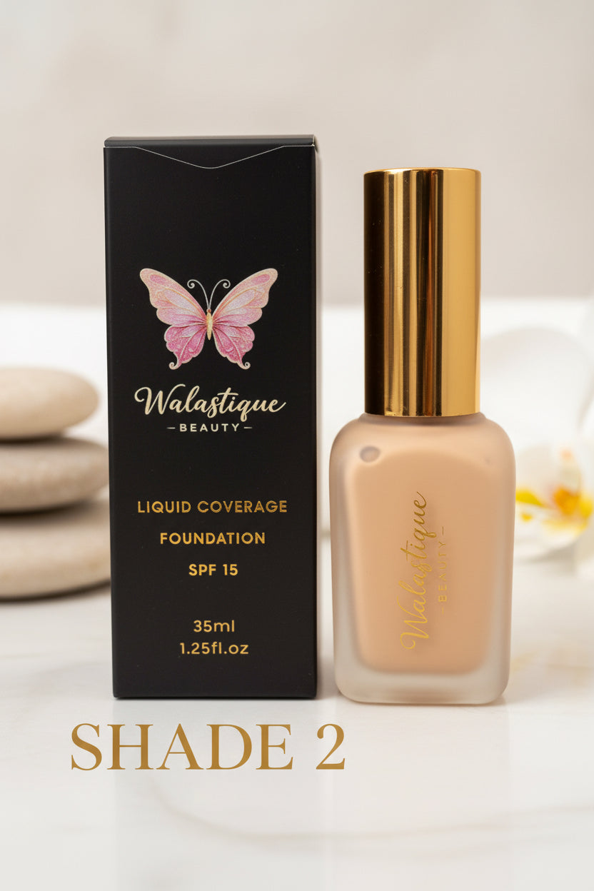 Walastique Beauty liquid foundation bottle shade 2 and packaging on a neutral background