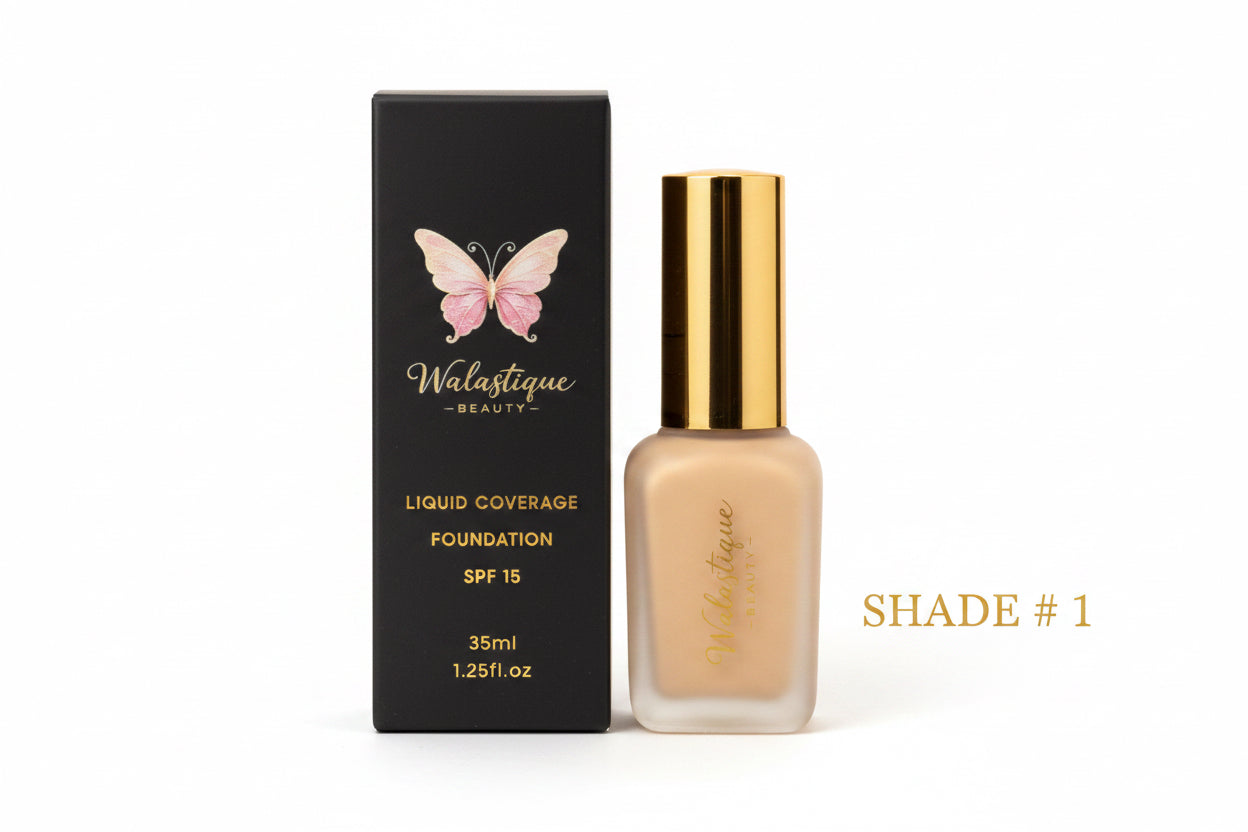 Walastique Beauty liquid coverage foundation bottle and packaging on a white background.