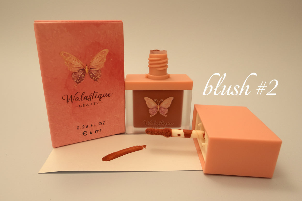 Walastique Beauty blush shade #2 product set with packaging on a beige background