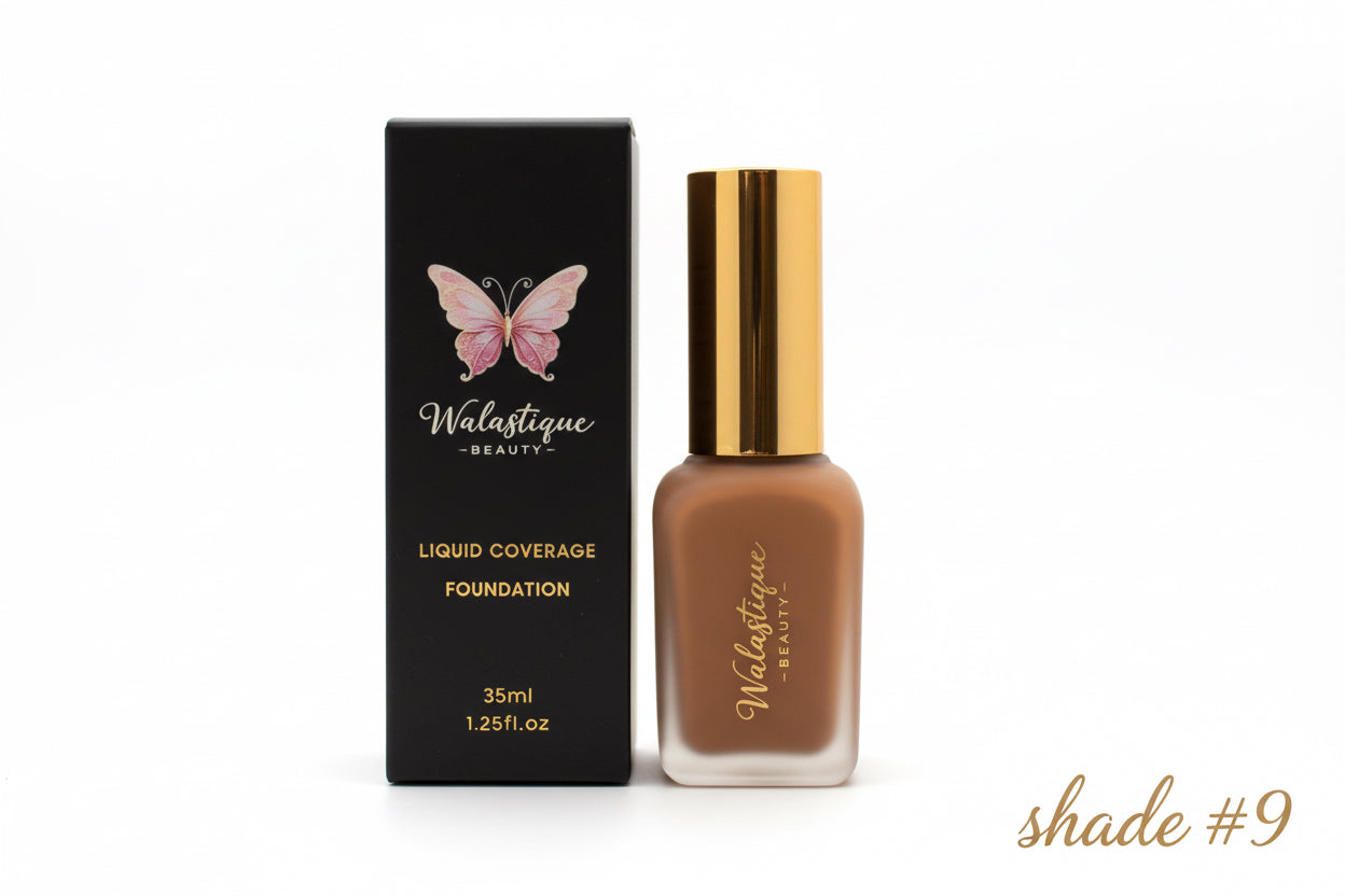 Walastique Beauty liquid coverage foundation bottle and packaging on white background.