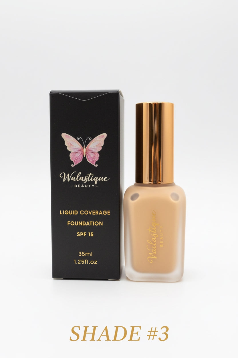 Walastique Beauty foundation bottle shade #3 and packaging with a gold cap on white background.