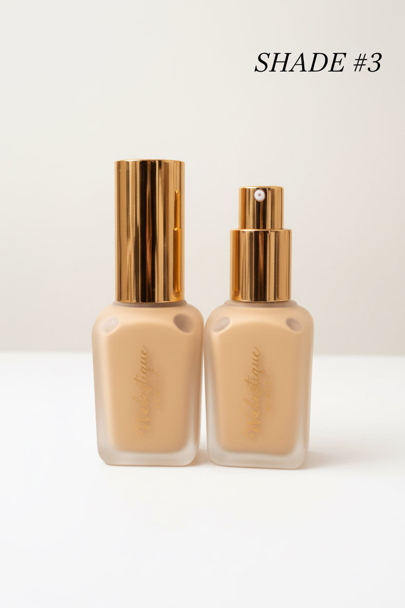 Two  bottles of Walastique Beauty Liquid foundation shade #3 with gold caps on white background.