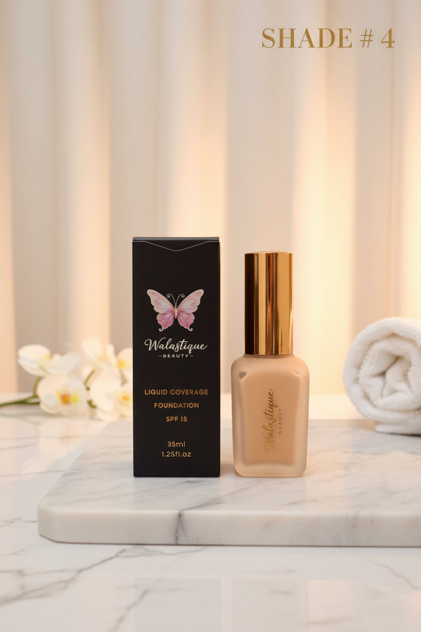 Walastique Beauty foundation bottle and packaging on a textured surface