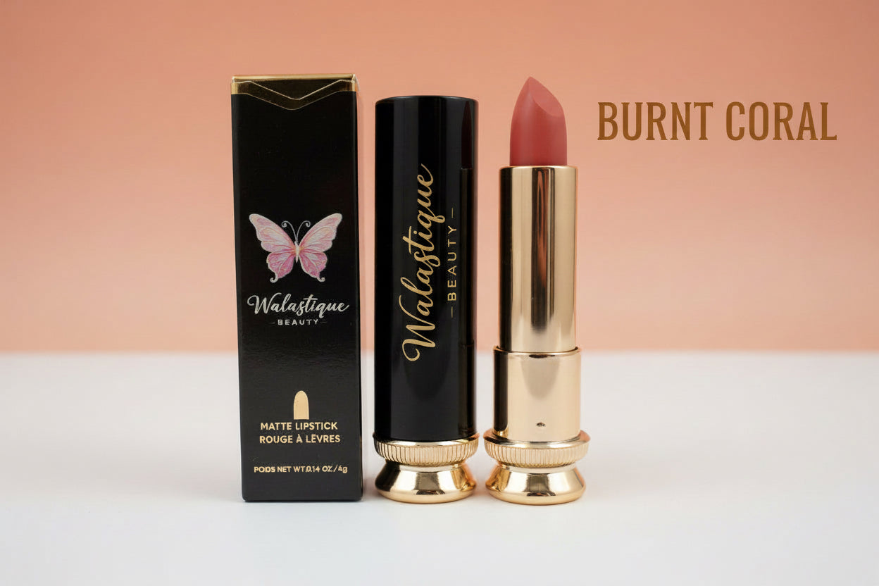 Matte lipstick in Burnt Coral shade by Walastique Beauty, deep coral shade with matte finish